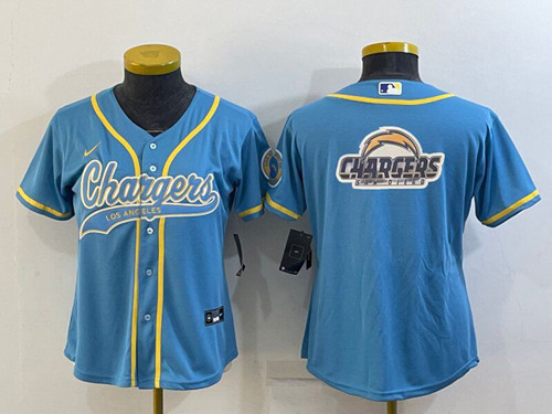 Women's Los Angeles Chargers Blue Team Big Logo With Patch Cool Base Stitched Baseball Jersey(Run Small)